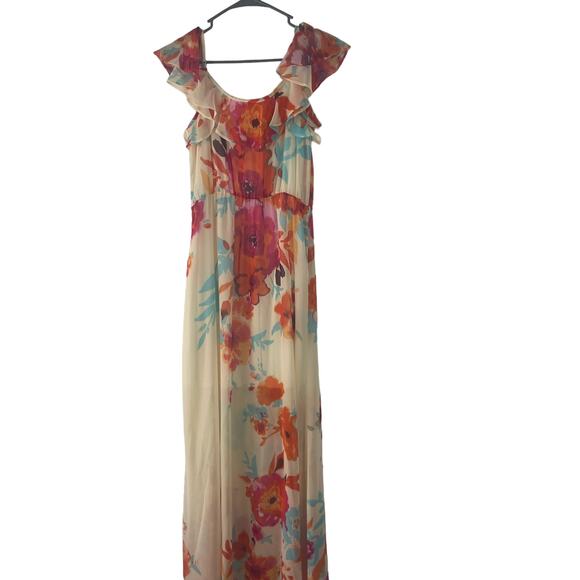 Bisou Bisou Size 6 Floral Chiffon Orange Blue Cream Off Shoulder Maxi Dress - Picture 7 of 9